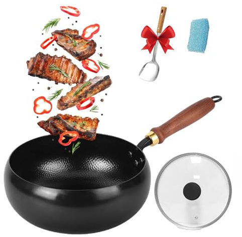 Sartén de hierro fundido con tapa, olla grande martillada hecha a mano, sartén sin revestimiento/de gran capacidad a prueba de derrames/antiadherente, para cocinas de inducción, estu L 28CM glass lid