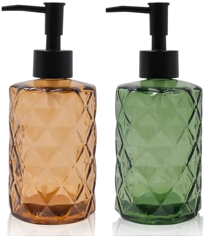 2er Seifenspender Glas Soap Dispenser für Bad und Küche, 330ml Nachfüllbare Handwaschflüssigkeit Klarglasflasche Glasspender mit Schwarzpumpe für Geschirrspülmittel, ätherisches Öl, Shampoo Lotion