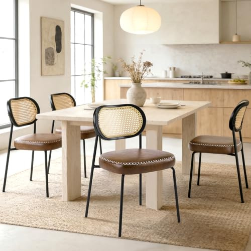 Chaises Salle à Manger Lot de 4 avec Dossier en Rotin Cannage, Chaise Cuisine Rembourrée avec Pieds Métal, Style Mid Century Moderne, Chaise Design pour Cuisine Salle à Manger Salon, Brun