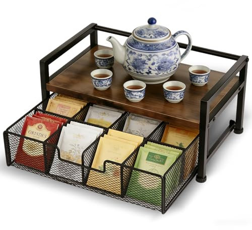 BlyeMichdi Cajón Porta Bolsitas de Té, Caja Infusiones de Madera con Cajón Metal, 33x20x15.8cm Organizador de Estación de Café y Té con 8 Compartimentos para Hogar, Oficina, Cocina