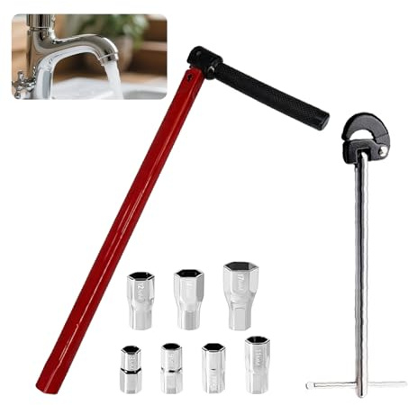VETOLAKA Juego de llaves de tuerca de grifo: llave de tuerca de grifo ajustable (8-28 mm), llave de grifo con 7 herramientas de manguito (8-17 mm), herramienta universal, para baño y montaje sanitario