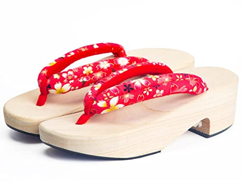 Flip Flop-sandaler, Geta-tofflor för damer i japanska trähus med öppen tå, traditionella japanska kimono-träskor för damer, tofflor, sandaler (Färg: D, storlek: 39 EUR/40)