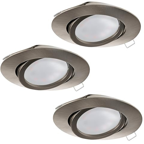 EGLO 3er-Set Einbaustrahler Tedo Spots Set aus | Aluminiumguss in Nickel-Matt, 3 Einbauleuchten mit GU10 Fassung, LED Leuchtmittel inklusive, Spot flach, schwenkbar, Ø 8 cm