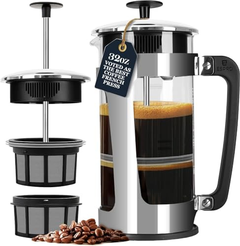 ESPRO Plus P5 French Press Coffee Maker – Patented Double Micro-Filter for Grit Free Brew, Heat-Resistant Thicker Borosilicate Glass Coffee Press – (32 oz)