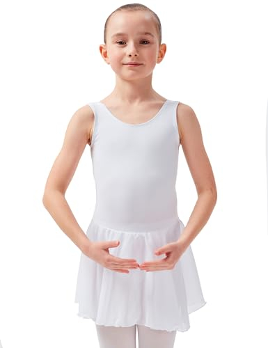 tanzmuster ® Ballettkleid Mädchen ärmellos - Minnie - aus weichem Baumwollstoff mit Chiffonröckchen Ballett Trikot Ballettanzug in weiß, Größe:128/134