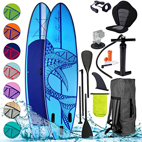BRAST SUP Board Shark | Aufblasbares Stand up Paddle Set | 320x81x15cm | 8 Designs | 5 Jahre Garantie | inkl. Sonderzubehör | 2in1 Paddel Kajak-Sitz Action-Cam-Halterung Fußschlaufe Pumpe Rucksack