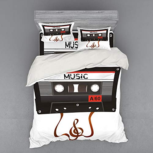 Ambesonne 70s Party Bedding Set, Broken Analogue Audio Cassette Music Playing Record Vintage Technology, 4 Piece Duvet Cover Set with Shams and Fitted Sheet, Queen Size, Orange Caramel White