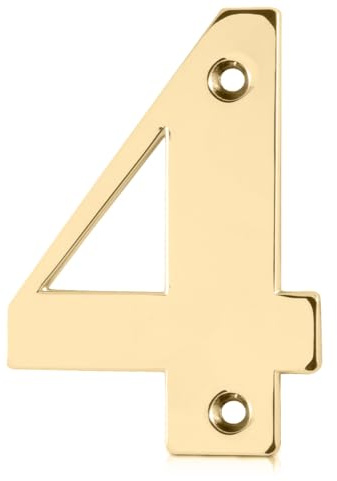 XFORT Polished Brass Front Door Number 4, House Number Suitable for All Door Types including Wooden, uPVC, and Composite.
