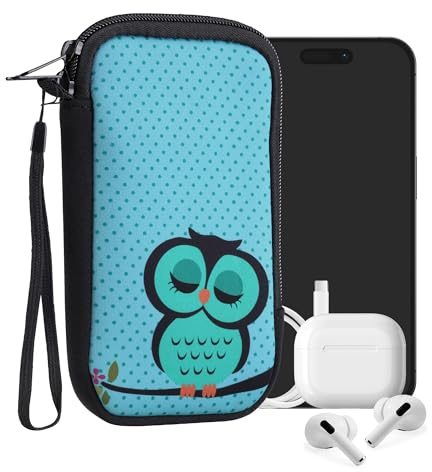 kwmobile Neoprenfodral för smartphone storlek L – 16,5 cm – stötdämpande fodral – skyddande telefonväska – sovande uggla turkos / brun / mint