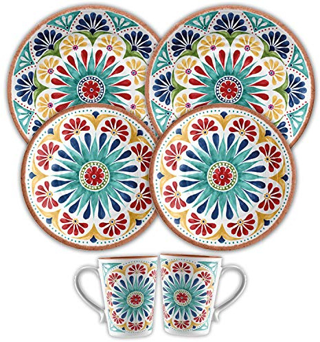 Purely Home Rio Medallion Outdoor/BBQ/Picnic - Plastic/Melamine Dinner & Side Plates & Mugs - Sets (6)