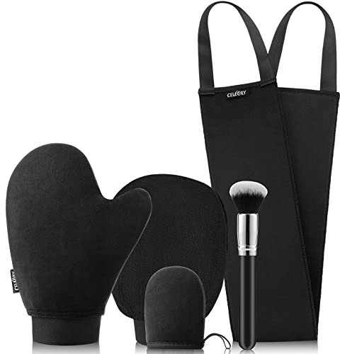 CeleCily Premium Reusable Tanning Mitt - UK Patented Fake Tan Mitt Set with Leakproof-lined Self Tan Mit, Back Tanner Applicator, Face Tanning Gloves, Exfoliate Mit, Tanning Brush