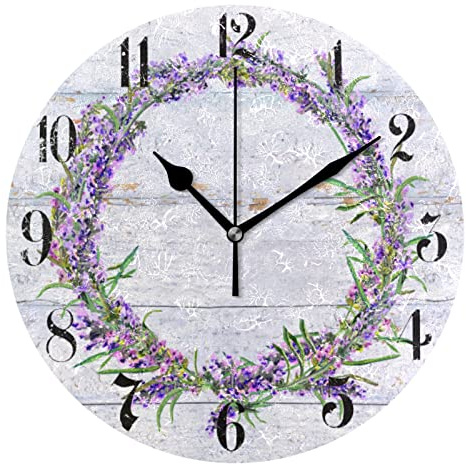 Purple Clock Lavender Wall Clock Silent Non-Ticking Kitchen Clock Purple Desk Clock Battery Operated Quartz Analog Flower Wooden Decorative Round Clocks 9.5 in Garden Home Decor