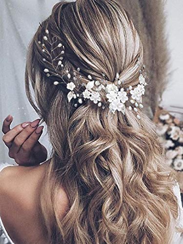Vakkery Hochzeit Blume Haar Rebe Perle Stirnband Braut Blatt Kopfschmuck Braut Haarschmuck für Frauen Mädchen Brautjungfern (Gold)