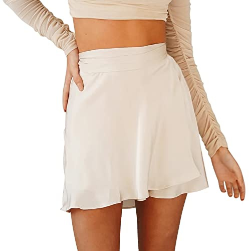 Dam omlott skaterkjolar hög midja bälte midja slips knut satin minikjol, BEIgE, XL