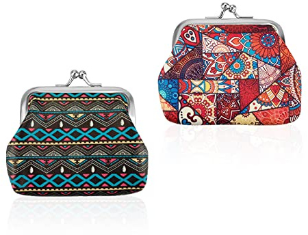 FuninCrea 2 Pezzi Mini Portamoneta Doppia Chiusura a Scatto, Stile Bohémien Porta Monete Portafoglio Piccolo in Ecopelle, Mini Portamonete Ragazza Kiss-Lock Coin Purse per Monete (Stile 1)