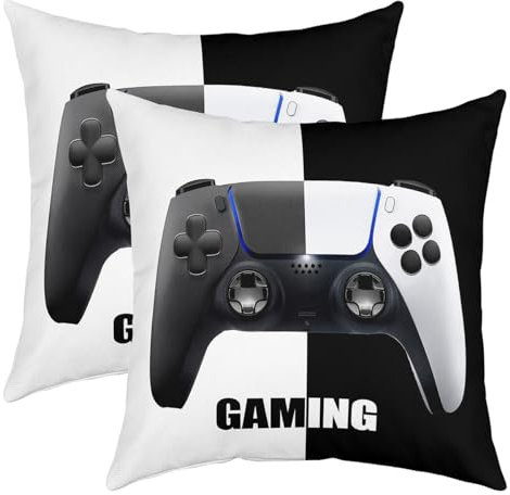 Pack of 2 Gamer Decorative Throw Pillow Covers Gaming Gamepad Square Cushion Case Set for Sofa Bedroom Living Room Modern Game Console Controller Black and White Pillow Cases Pillowcases 18x18 Inch
