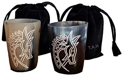 THE ANTIQUE HOUSE Dragon Authentic Drinking Short Glass Horn Mug Whisky Vodka 3 Inch Cup with Black Velvet Bag Pack of 2