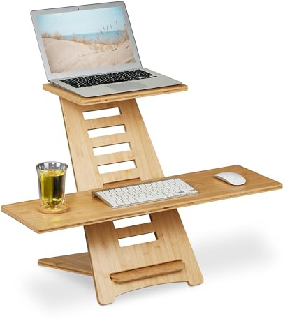 Relaxdays Soporte Ordenador de Pie, Bambú, 2 Baldas, Altura Regulable, Accesorio para Escritorios, Oficina, Natural