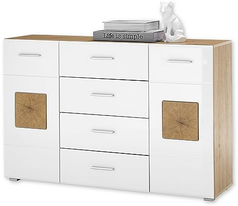 DEINE TANTE EMMA 36-191-T2 Georgia Artisan Eiche Nb. / Weiß Hochglanz Kommode Sideboard Beistellkommode mit Schubladen und 2 Türen ca. 140 x 92 x 40 cm