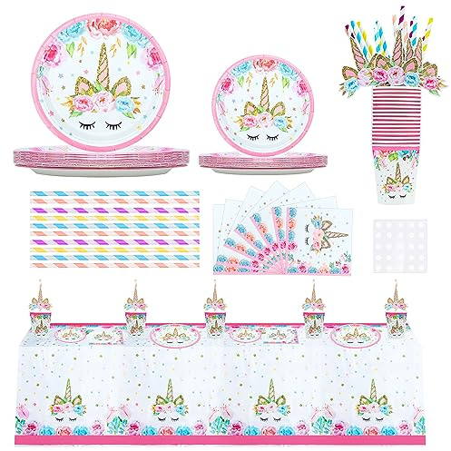 GOTFUN Fournitures de fête licorne – 97 pièces de décoration, y compris assiettes, tasses, serviettes, couverts et nappe pour fête d'anniversaire de fille sur le thème de la licorne pour 16 invités