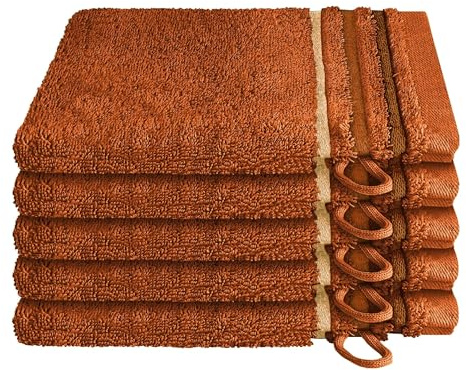 Schiesser Waschhandschuh | 5er Set | 100% Baumwolle | Terrakotta | Streifenbordüre | 16x22 cm | flauschig & saugstark | sorgfältig eingenähter Kordelaufhänger | OEKO-TEX® MADE IN GREEN