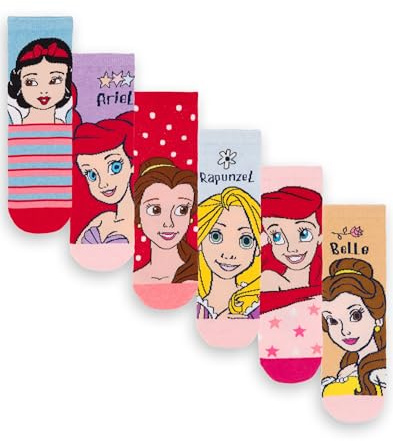Disney Princess Girls Socks - Pack of 6 | Kids Multicoloured Character Socks | Snow White Ariel Belle Rapunzel Graphic Footwear | Comfortable Childrens Sock Set Bundle Movie Merchandise Gift