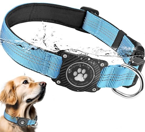 Ytanest Leuchtend Airtag Hundehalsband, Verstellbar Wasserdicht Apple Air Tag Halter Halsband Reflektierend für Kleine Mittler Große Hund, Blau, S