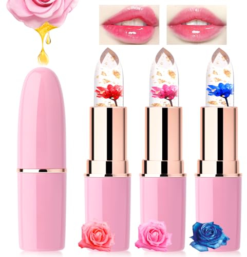 Likesing 3 Stück Lippenstift Set Blumen Temperaturempfindlicher Faebverändernder Pink Magic Lip Farbwechselnder Lippenstift Crystal Jelly Flower Color Changing Lipstick Lip Balm Geschenk Mädchen