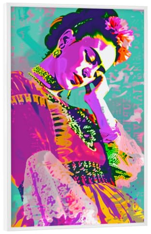 artboxONE Poster mit weißem Rahmen 90x60 cm Floral Bunte Popart Frida - Bild Portrait Frida Kahlo