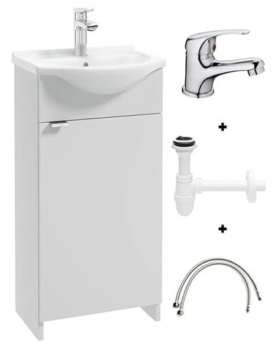 .Deftrans Domodomo Badezimmerschrank mit Waschbecken, 86 x 38 x 19,6 cm weißer Waschbeckenschrank, Keramik Waschbecken Set, Standschrank für kleines Bad Kredo mit Armatur