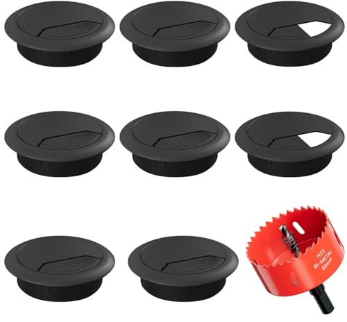 Desk Grommet 80mm (3-1/8 inch) - 8 Pack Black Cable Grommet & Desk Hole Cover with Hole Saw for Cables, Cord Management for Office, TV, and Home Table