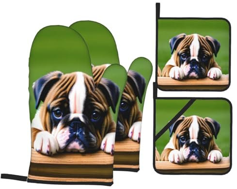 4 Pezzi Presine E Guanti Da Forno Cute Bulldog Puppy Print Guanti Da Forno Impermeabili Guanti Per Forno Divertenti Guanti Da Cucina Per Cucinando, Cuocere, Grill