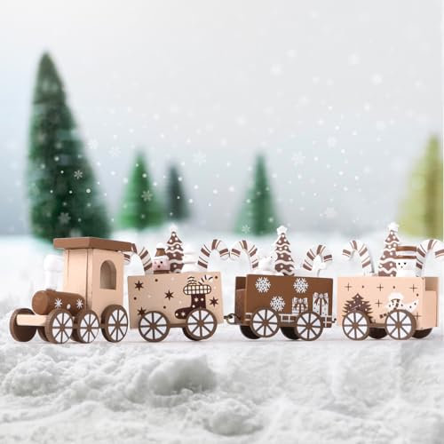 GEBETTER Trenino Natalizio in Legno, Mini Treno Natale Decorativo, Decorazione Natalizie Tavolo Allestimento Natale Addobbi (Marrone)
