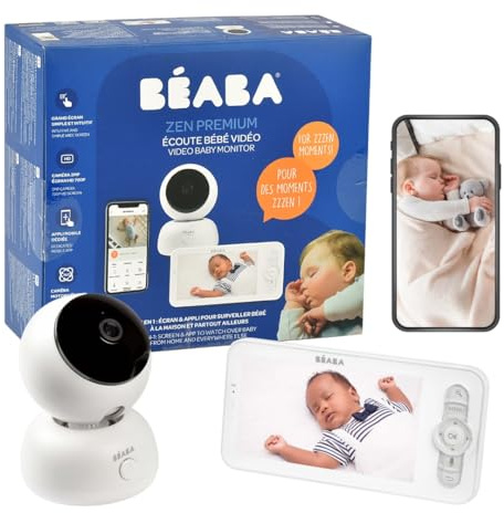 Béaba Babyphone 2-in-1 Baby-Videomonitor Bildschirm/Dedizierte Mobile App HD-Kamera 360° Drehung Nachtsicht Walkie-Talkie Schlaflieder Temperatur- und Luftfeuchtigkeitskontrolle Zen Premium Weiß