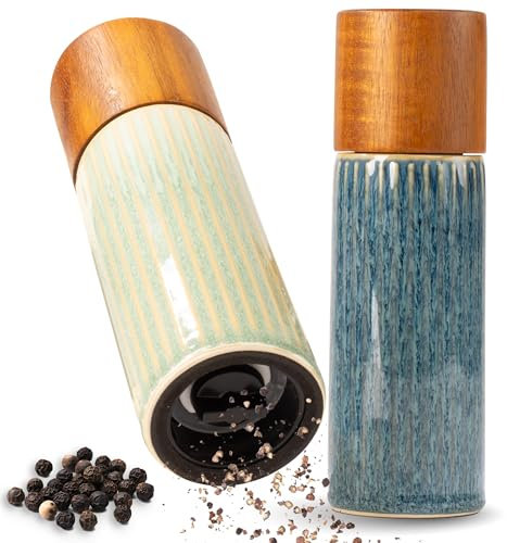 Moritz & Moritz Pepe Juego de 2 molinillos de especias azul/verde – Molinillo de sal y pimienta de gres y madera de acacia con mecanismo de cerámica, grado de molienda ajustable y innovador sistema