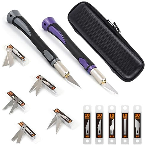 EHDIS Skalpell Basteln Set, inklusive 2 Bastelmesser mit Softgriff und 50 Ersatzklingen in 5 Formen, Hobbymesser Set für Kunst, Hobby, Sammelalbum Und Skulptur