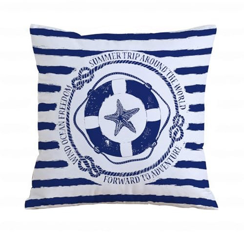 ERRTU Kissenbezug 40x40 cm,Blau-weißes nautisches Emblem mit Rettungsring und Seestern auf gestreiftem Hinte,Dekokissen Kissenbezüge Deko Kissen Bezug Wohnzimmer Zierkissen für Sofa Stuhl Bett Garten