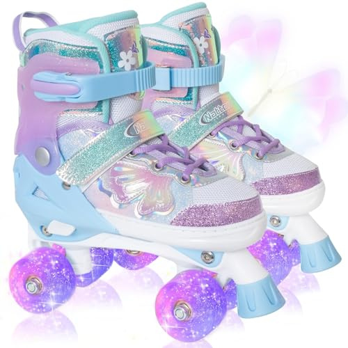 Nattork Kinder Rollschuhe für Mädchen und Jungen, 4 Größen Verstellbar, Vierrad-Rollschuhe mit Schmetterlings- und Blumenmotiv, Geburtstagsgeschenk für Indoor- und Outdoor-Sportarten