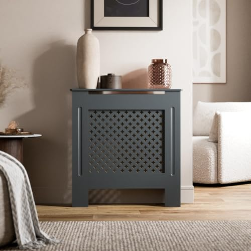 Radiant Living Radiator Cover Diamond Cross Pattern, Modern Anthracite Grey MDF Radiator Cabinet for Living Room & Bedroom, Small 78 x 81.5 x 19cm
