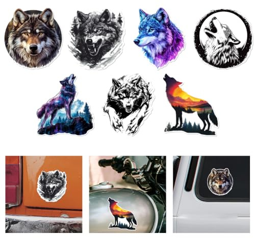 WADORN 7 Stück Wild Wolf Vinyl Autoaufkleber, Selbstklebender Wolf Bergwald Autoaufkleber Wasserdicht Reflektierend Vinyl Lustiger Aufkleber Für Abdeckung Kratzer Fenster LKW Stoßstange