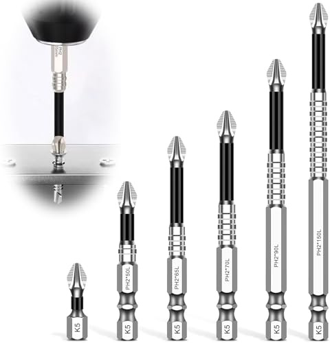 Sipery PH2 Phillips Bits Set High Magnetic Cross Head Drill Bit Phillips Screwdriver Drill Bit Set Anti-Slip Alloy Steel 1/4 Hex Shank Impact Bits 6 Pack