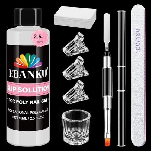 EBANKU Poly Gel Slip Solution Kit - 75 ml solución espesante Antiadherente para uñas, Gel constructor, Polvo Acrílico con Pincel y Pinzas para Uñas, Almohadilla de Limpieza