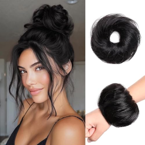 PORSMEER 100% Echthaar Haarteil Mit Gummiband,Natürliche Unordentlich dutt extensions echthaar Haarteil Haargummi Hochsteckfrisuren unordentlicher Haarverlängerung für Damen Mädchen 1# schwarz,30G