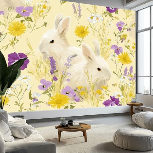 Fotomurale 3D Carta Da Parati Illustrazione Digitale Coniglio Viole Margherite 300 x 210 cm, Carta Da Parati Camera Letto Moderna Fotomurali Giallo Murales Poster Gigante Moda Decorazione Da Muro
