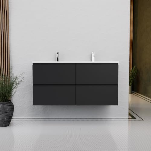 INDA | Badezimmermöbel L.120 mit Doppelwaschbecken glänzend/schwarz matt 4 Schubladen - Rubin