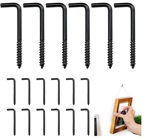 Kahaybeall 24 Pcs Vis à Crochet en L en Acier au Carbone Galvanisé, Crochets Mural en L à Angle 90 Degrés, Vis Autotaraudeuse 90 Degrés avec Fente pour Installation Facile et Durable, Noir