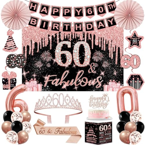 60th Birthday Decorations for Women, Rose Gold 60th Birthday Party Kits | 32pcs Happy 60 Years Old Party Decorations Set, Backdrop, Crown, Sash, Banner, Cake Topper, Balloons, Card, Paper Fans
