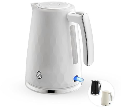 Swan Hexton 1.7L Electric Kettle, 3KW Rapid Boil, Flip Top Lid, Removable Limescale Filter, 360-Degree Base, Cord Storage, White with Chrome Accents, SK19038WHT