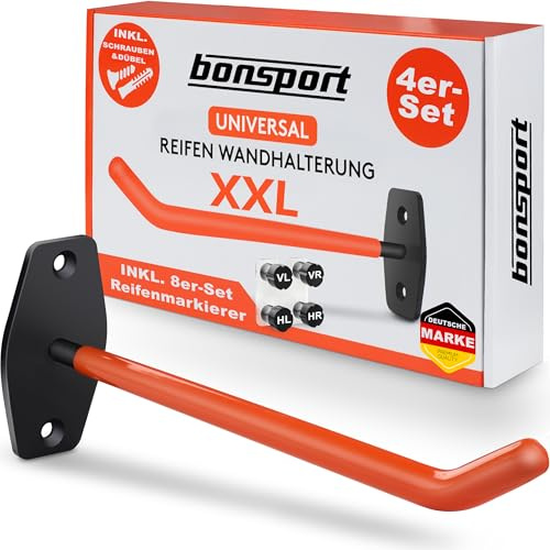 bonsport Wandhaken Reifen 4er Set - Belastbar bis 25kg, 36 cm | Autoreifen Wandhalterung für 4 Felgen - Reifenhalter Felgenhalter Wand Halterung - Reifen Aufhänge Garage
