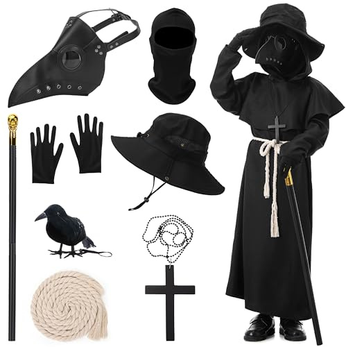 IEEILULU Pestläkarkostym barn, plaguedoktorkostym för pojke, medeltida pestläkarset med pestläkarmask, zepter, hatt, halloween, maskeradkostym för karneval karneval